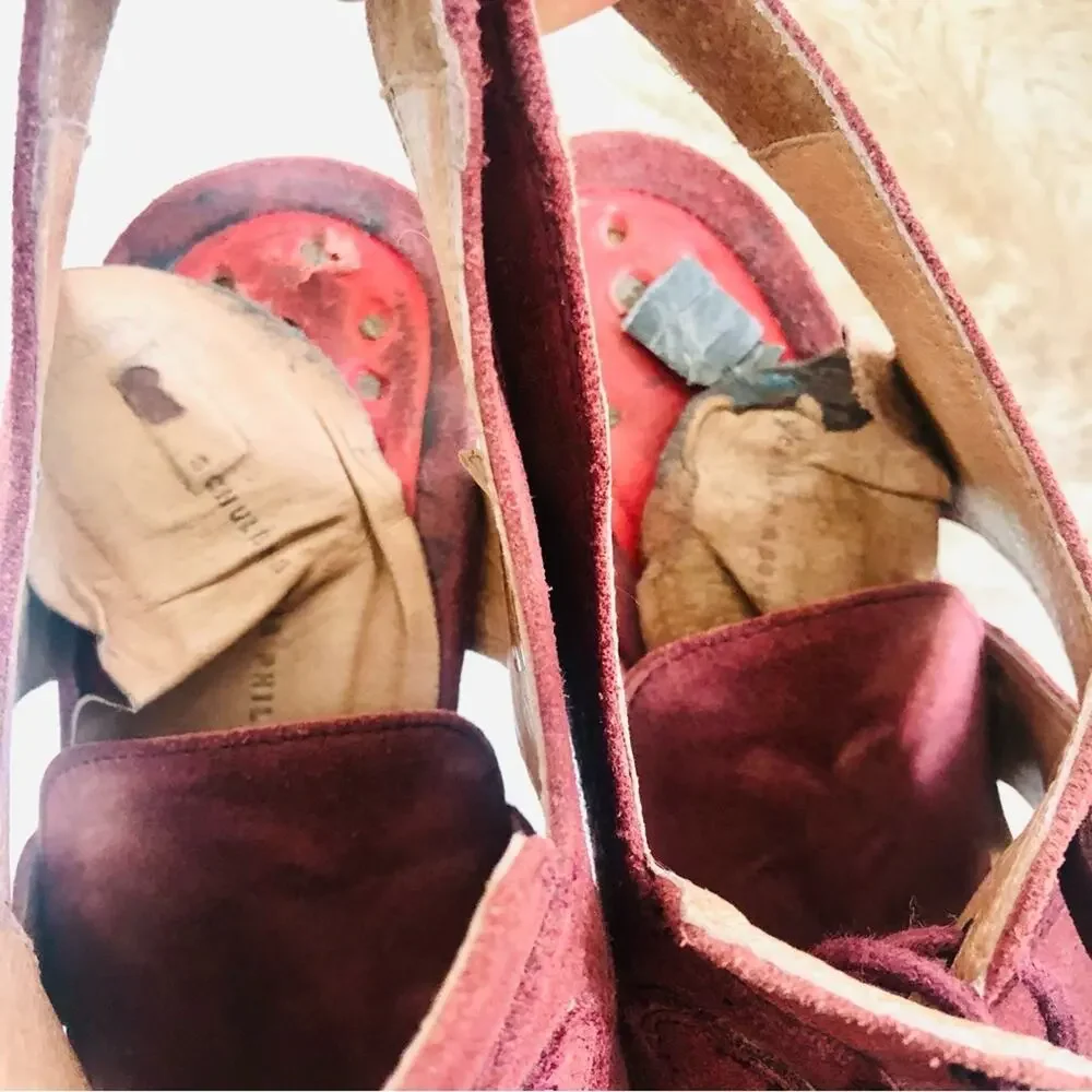 ANTHROPOLOGIE SCHULER SONS Maroon Burgundy Sling Back Lace Block Heels Sandals - Picture 6 of 12